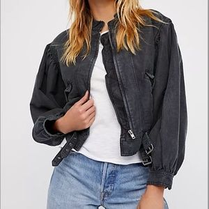 Free People Black Faded Poet Bishop Sleeve Moto Jacket